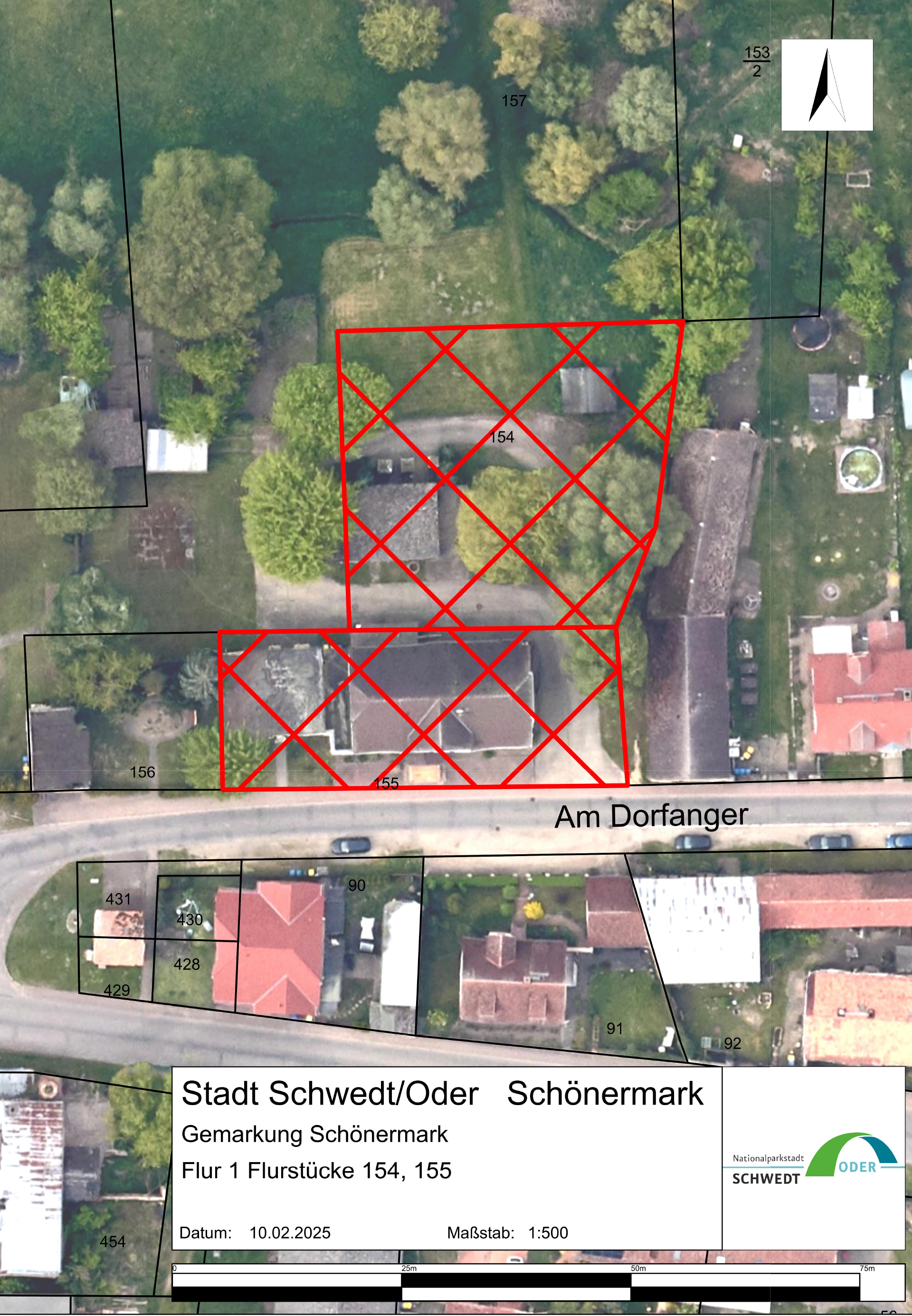 Luftbild mit roter Markierung