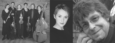 3 Fotos, links ein Ensemble mit Streichinstrumenten, rechts 2 Künstlerporträts