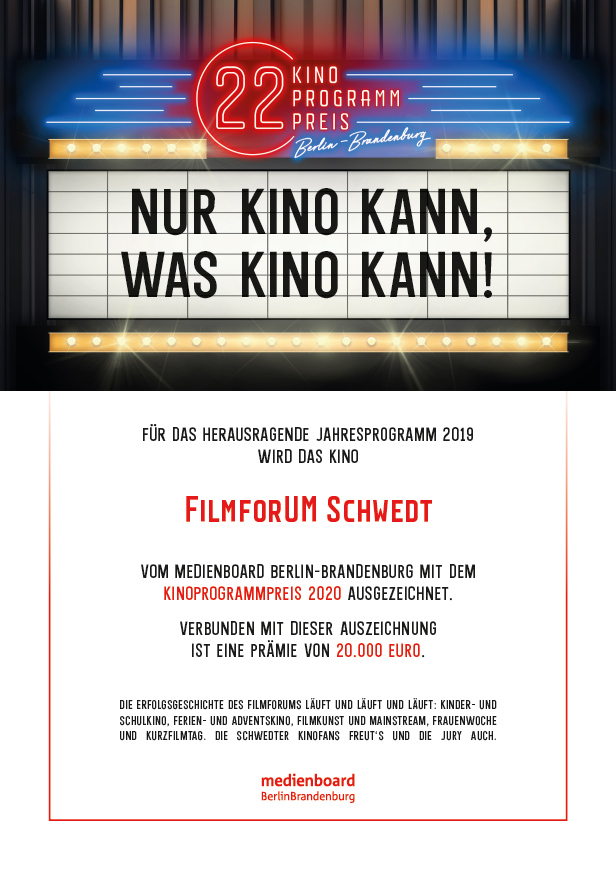 Urkunde 22. KINOPROGRAMMPREIS Berlin-Brandenburg „Nur Kino kann, was Kino kann!“