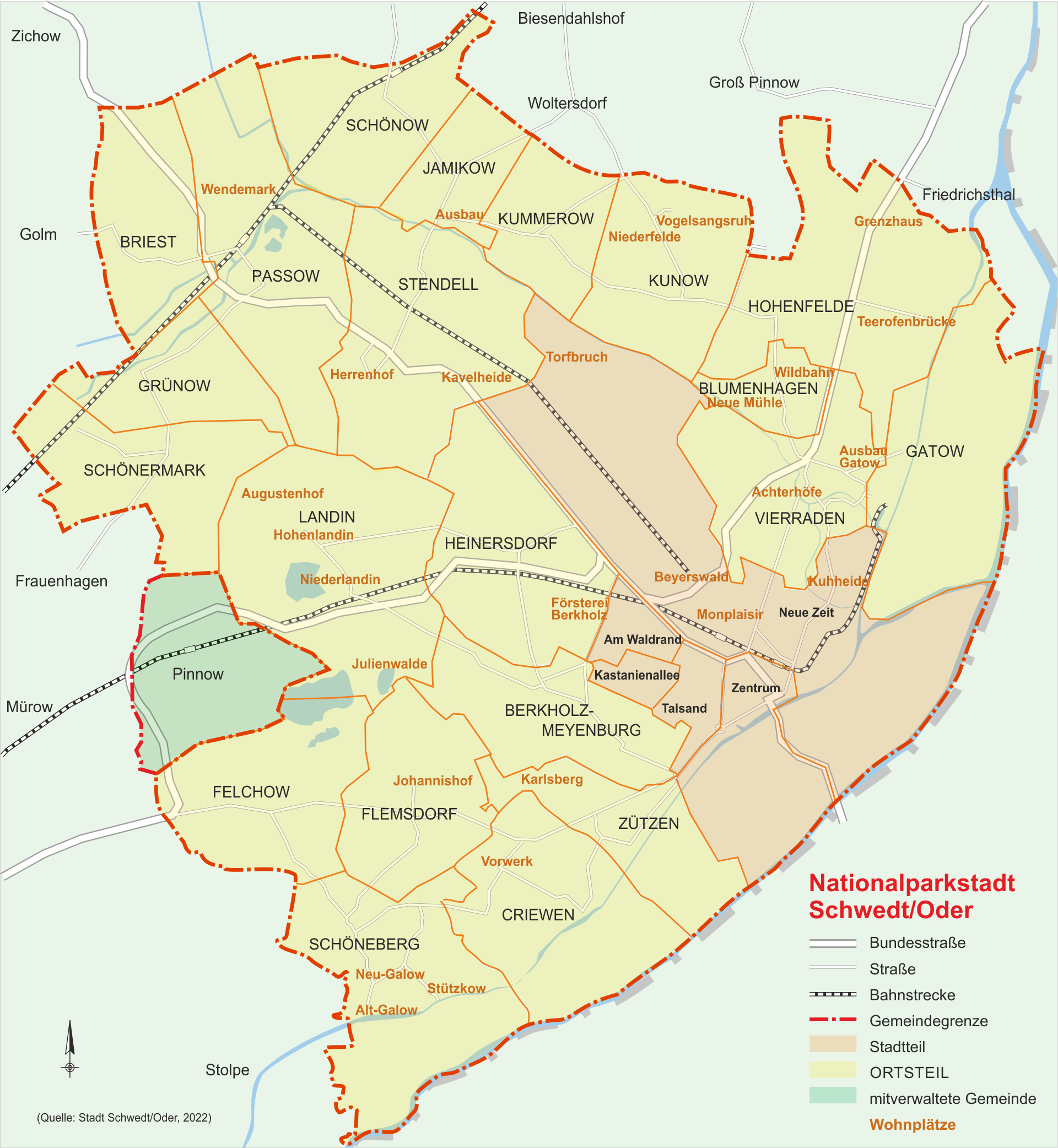 Karte: Gliederung der Stadt in Stadt- und Ortsteile