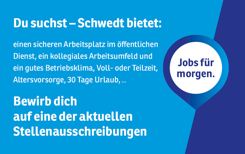 Grafik: weißer Text auf blauem Grund: Bewirb dich auf eine der aktuellen Stellenausschreibungen Grafik: weißer Text auf blauem Grund: Bewirb dich auf eine der aktuellen Stellenausschreibungen