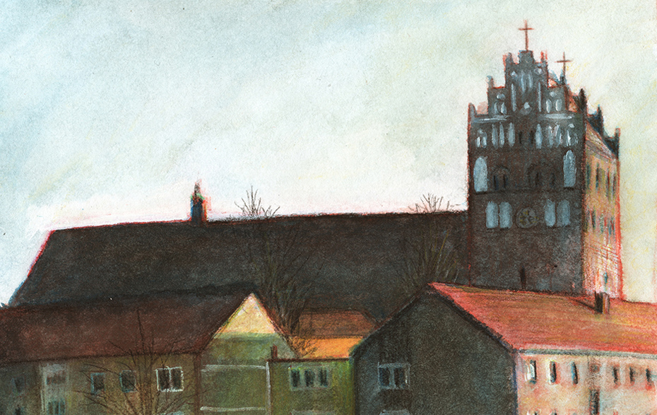 Bildausschnitt zeigt Kirche hinter Wohnhäusern Bildausschnitt zeigt Kirche hinter Wohnhäusern