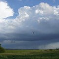 Foto vom 11. Mai 2014: Wolkentürme und Regenschauer im Hintergrund, ein Storch fliegt über dem Deich Foto vom 11. Mai 2014: Wolkentürme und Regenschauer im Hintergrund, ein Storch fliegt über dem Deich
